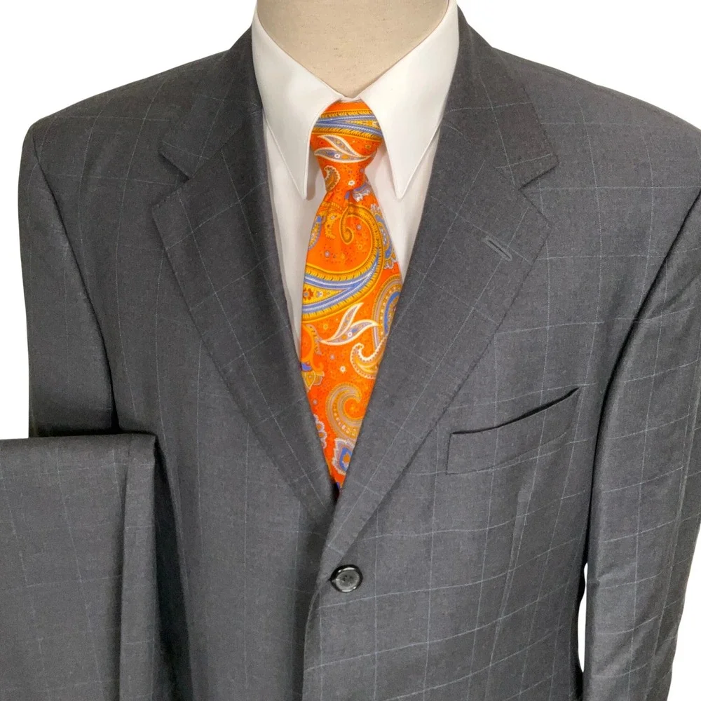 Hugo Boss Suit Men 42R Charcoal Gray Windowpane Plaid 3-Button Corporate Wool